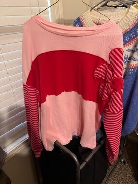 Shein Pink and Red Striped Flower Accent Sweater